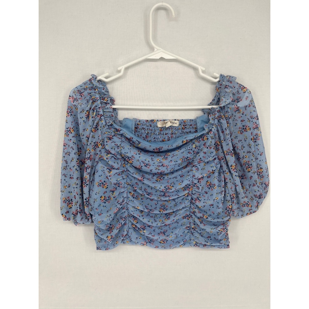 Rewind Blue Floral Mesh Ruched Crop Top Puff Sleeve Smocked Blouse XL